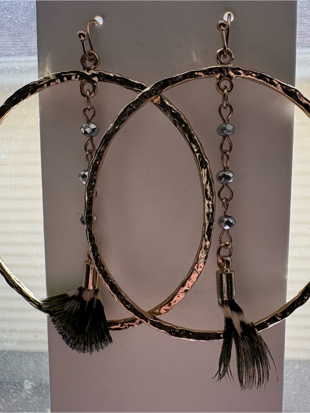 Express Gold Hoops with Green Feather Accent